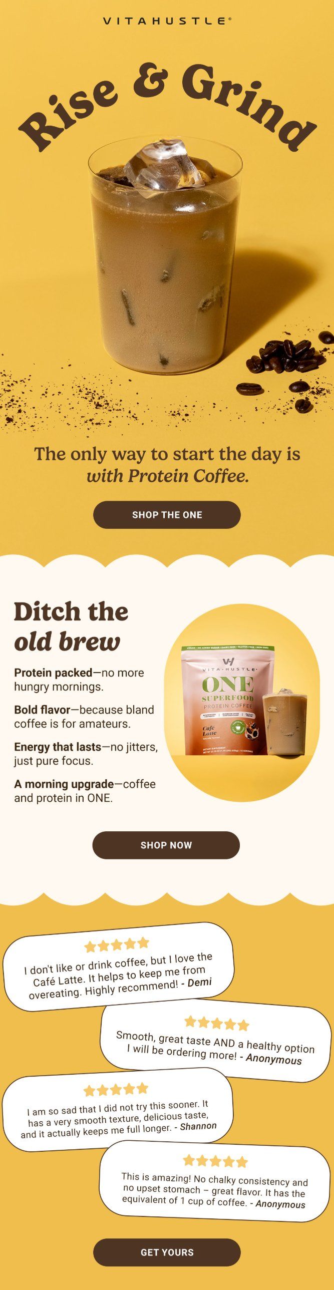 Rise and Grind protein coffee email
